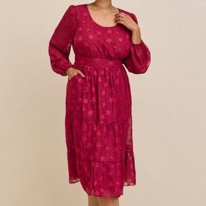 Burgundy Star Print Tiered Chiffon Midi Dress, Pockets, Plus Size 3X